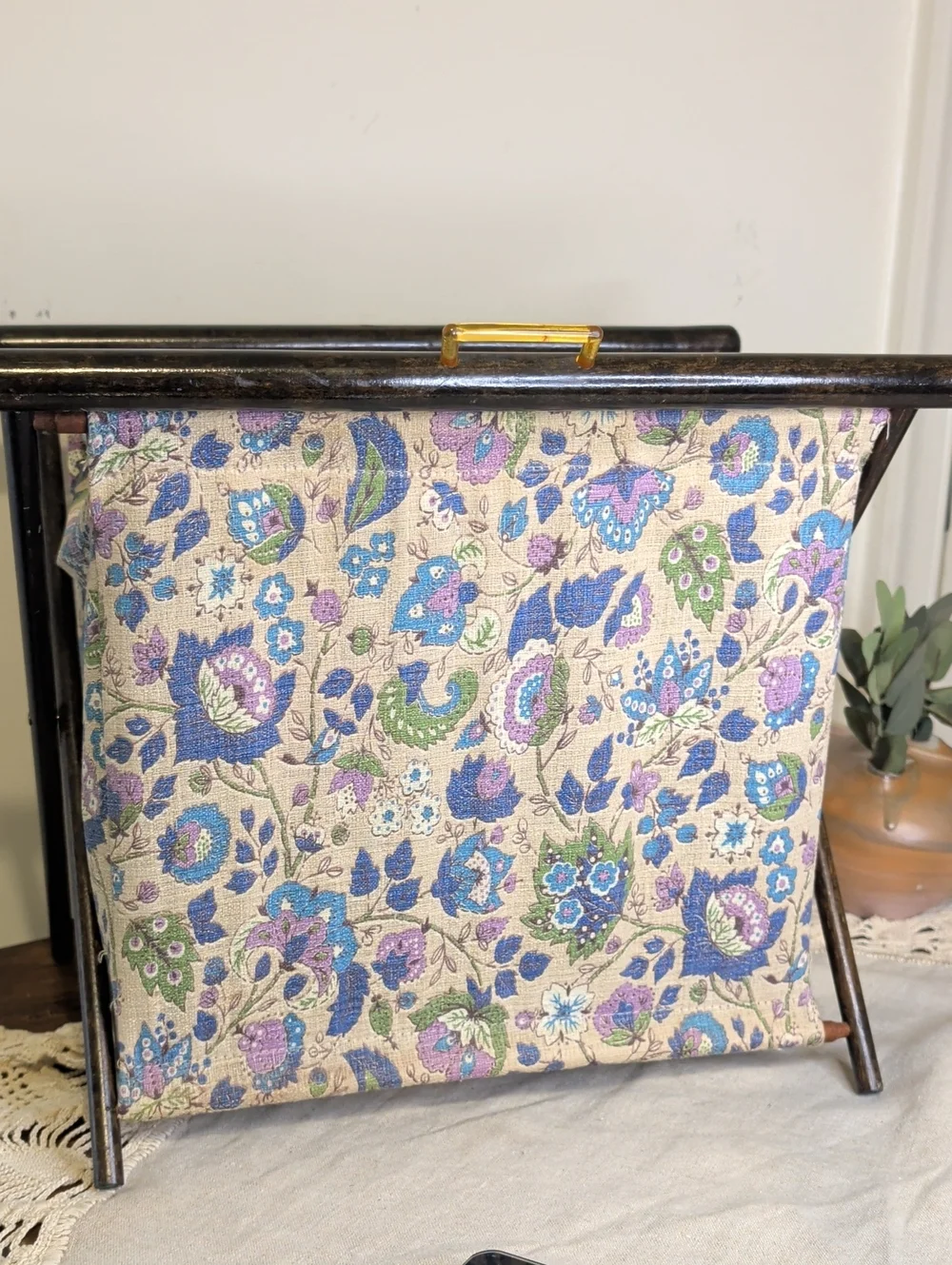 70's Vintage Folding Magazine Rack Floral Fabric Wood Frame Knitting Basket Boho